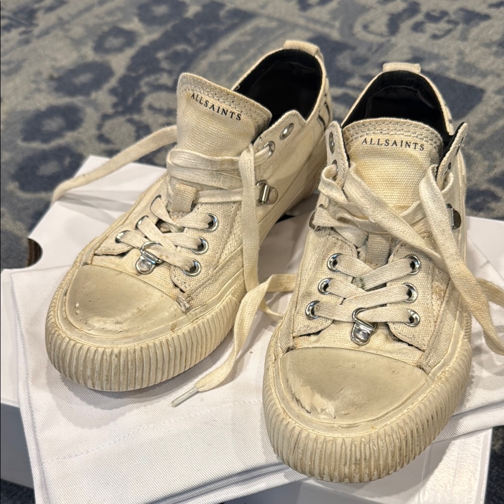 All Saints Cream Sneakers with Textured Canvas and Ribbed Sole